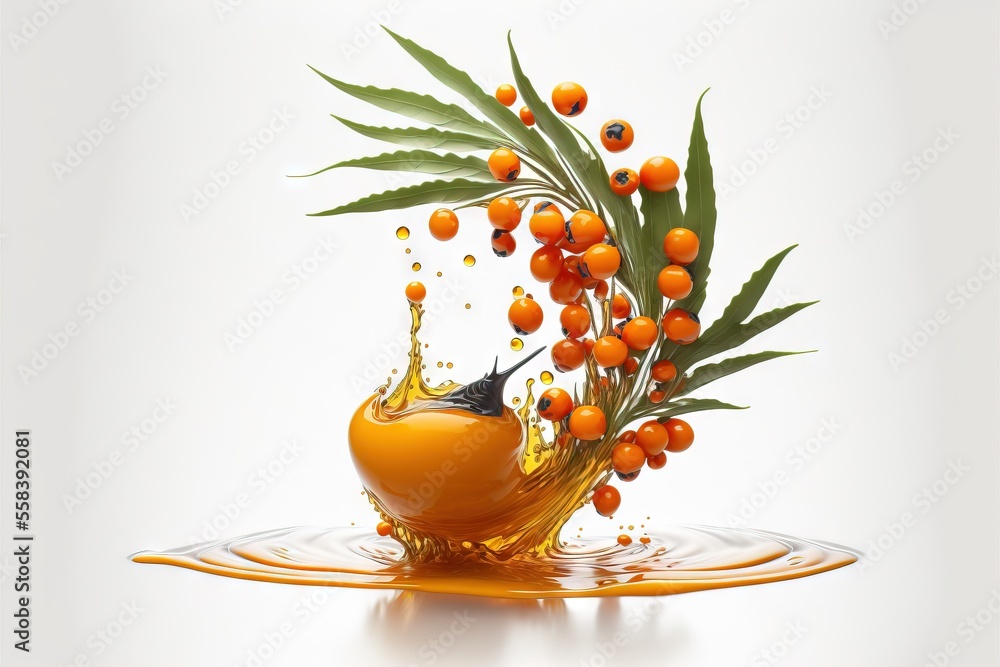 Aufkleber a splash of orange juice on top of a bowl of oranges and leaves on a white background with a white b