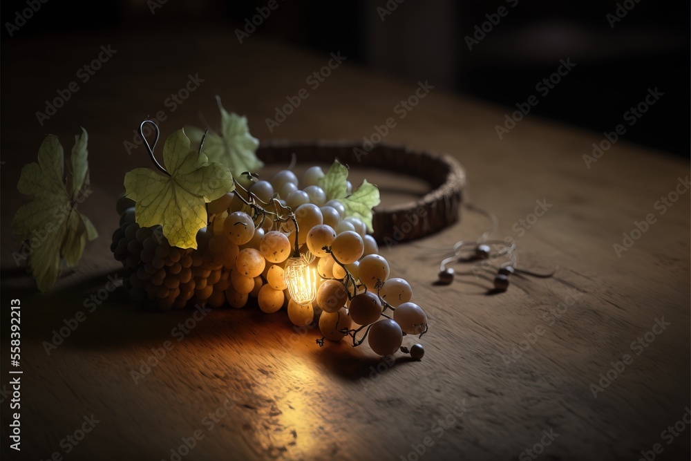 Aufkleber a bunch of grapes sitting on top of a wooden table next to a light bulb and a basket of grapes on a 