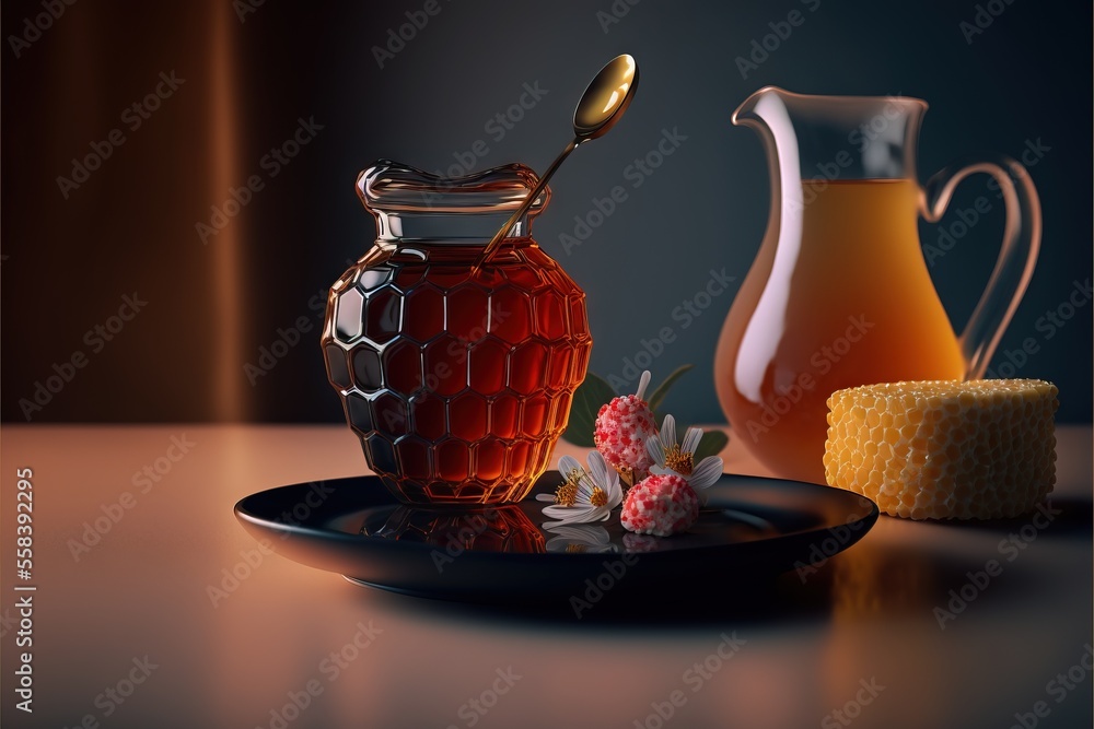 Poster a plate with a honey jar and a honeycomb on it with a spoon in it and a honeycomb next to it on a pl