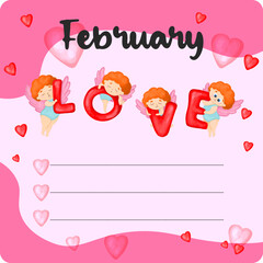 February monthly planner, weekly planner, habit tracker template and example. Template for agenda, schedule, planners, checklists, bullet journal, notebook and other stationery. Valentines Day theme