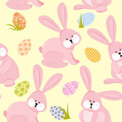 Easter seamless pattern, cute pink hares and Easter eggs on a yellow background