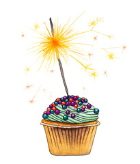 Watercolor scetch illustration with festive cupkace, sprinkles and birthday burning sparkler candle, isolated on transparent background. Watercolor hand drawn Happy Birthday greeting card, postcard.