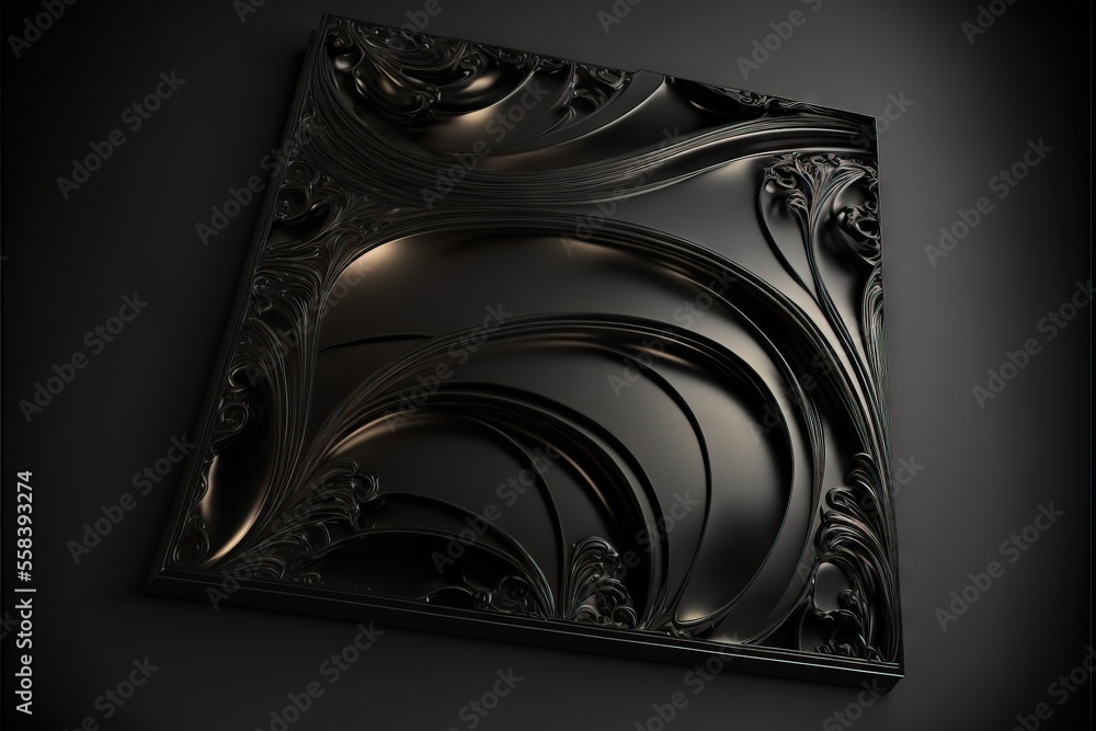 Poster a picture of a black square with swirls and curves on it's sides and a black background with a black