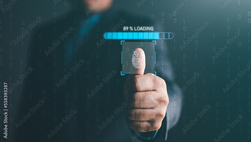 Poster cybersecurity concept, user privacy security and encryption by fingerprint to scan biometric identity and access password, secure internet access Future technology and cybernetics, screen loading.