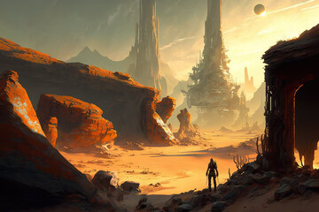 martian fantasy landscape, red planet, space, art illustration