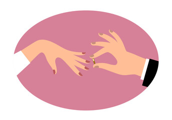 Obraz premium A man's hand puts a ring on a woman's hand in an oval pink frame