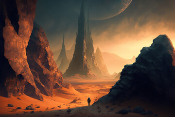 martian fantasy landscape, red planet, space, art illustration