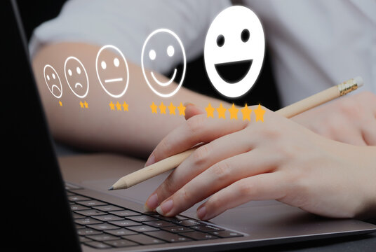 customer writing review satisfaction survey concept, pencil user rating one's experience with a service through an online application, internet rating, laptop business click touch