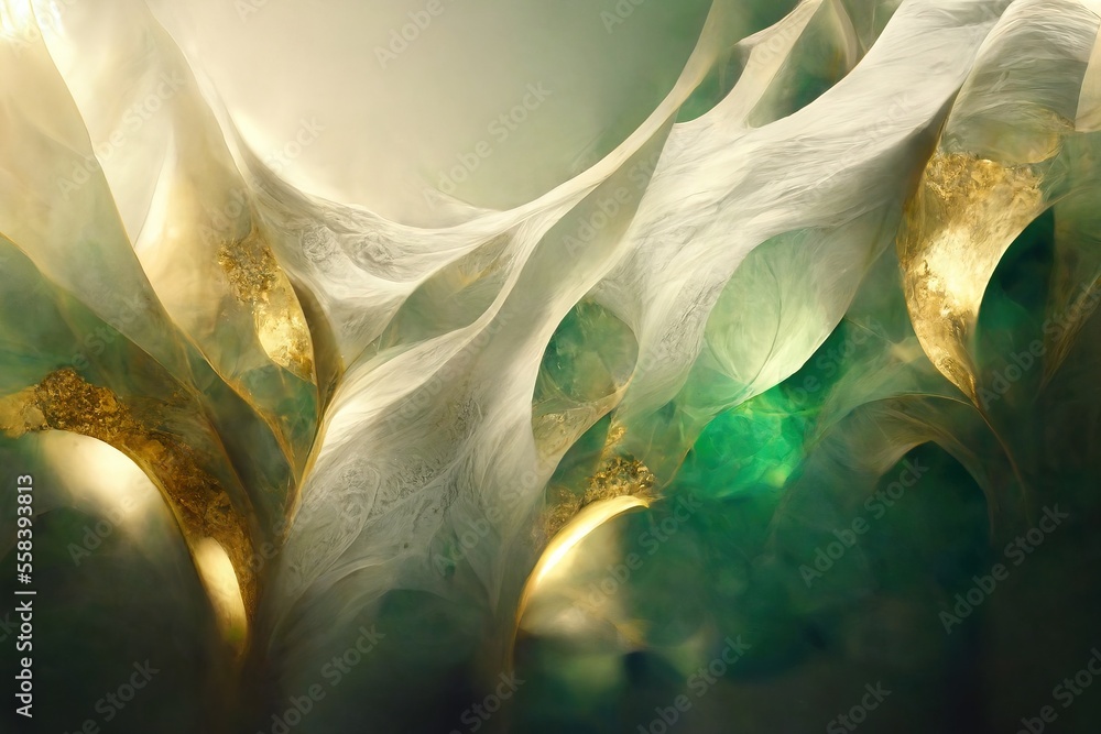 Poster a digital painting of a white and gold tree with green leaves on the top and bottom of the image, wi