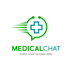 Obraz premium Fast response or chat medical vector logo template. This logo with plus symbol and stethoscope.