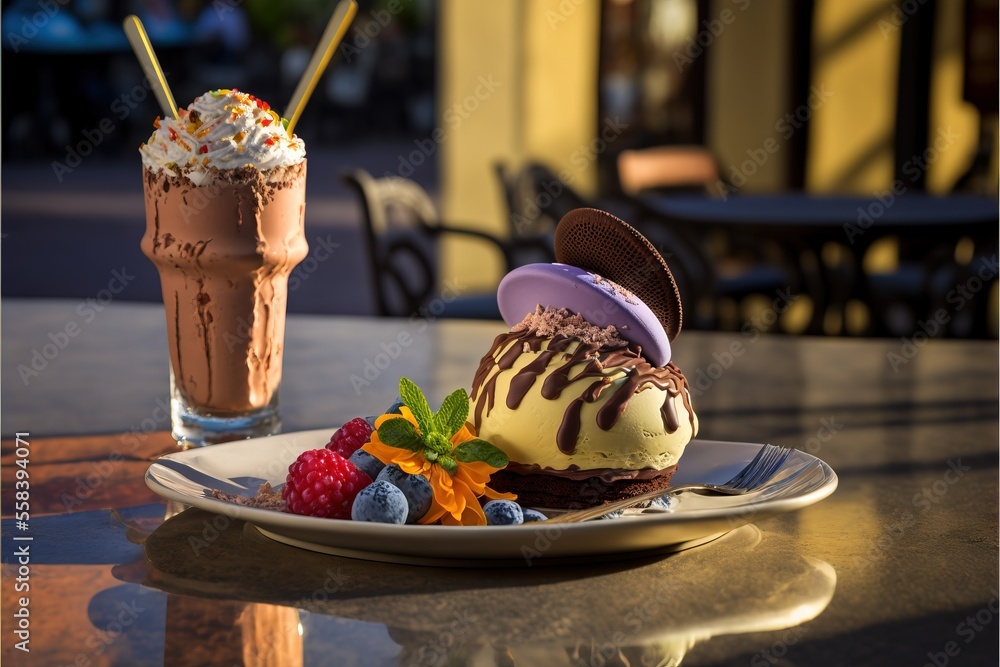 Aufkleber a plate with a dessert and a drink on a table with a glass of ice cream and strawberries on the side