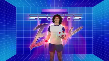 Portrait of young man spinning soccer ball on cyberspace background, 80s style