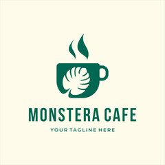monstera deliciosa cafe mug glass cup with green health custom logo design vector