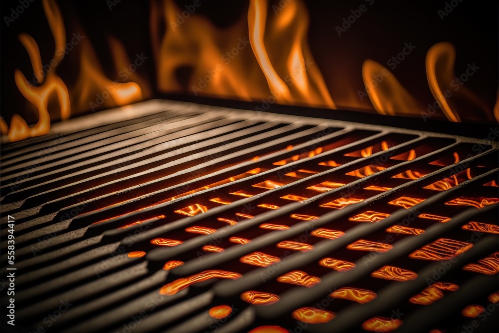 Poster a close up of a grill with flames in the backgroud of it and a black background with a red and yello