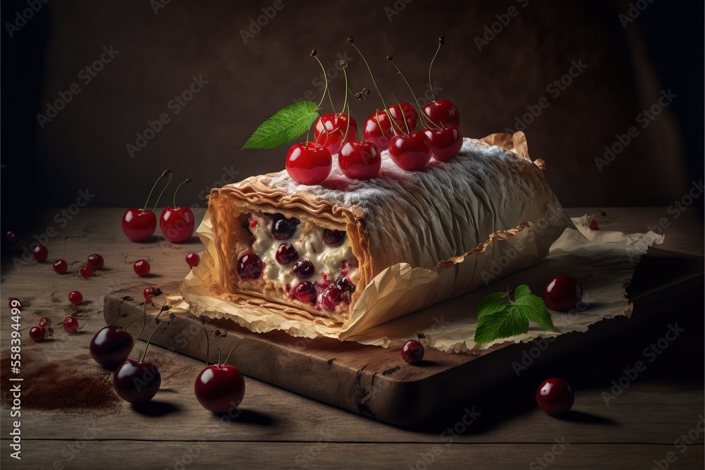 Poster a piece of cake with cherries on top of it on a cutting board next to a knife and cherries on the ta