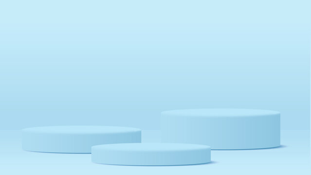 Three light blue pastel round pedestal podiums that difference.For place goods,cosmetics,cartoon model,design fashion,food,drink,fruit or technical tools.3D illustration.