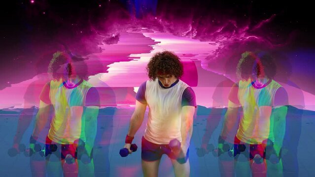 Funny man doing exercises with dumbbells, insane sports fan on retro background