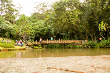 Ponte de madeira sobre um lago no Templo Zu Lai, Cotia, São Paulo, Brasil.