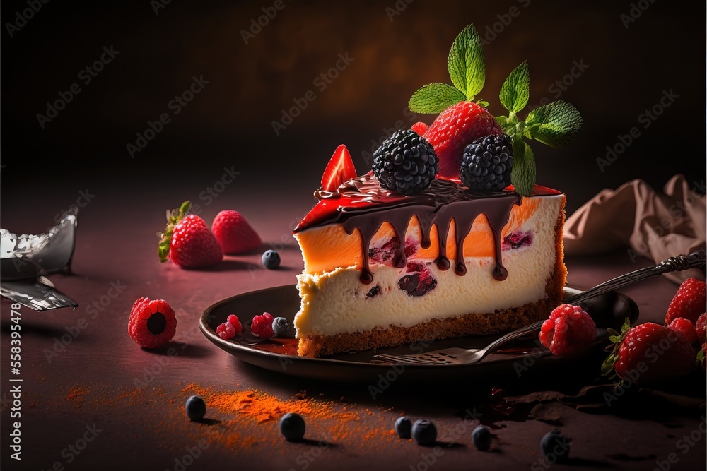 Poster a slice of cheesecake with berries and chocolate sauce on a plate with a fork on a dark background w