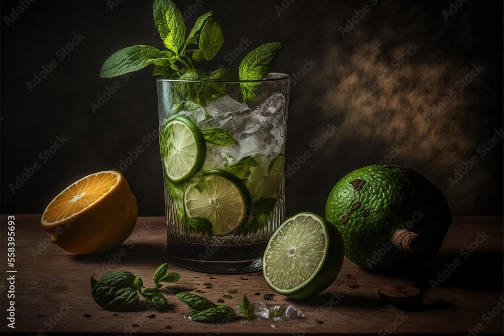 Poster a glass of mojito tea with limes and mint on a table next to a lime and a lime slice on the side of 