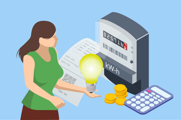 Isometric invoice and electricity meter. Utility bills payment. Electricity consumption expenses. People paying utility, and electricity bills online