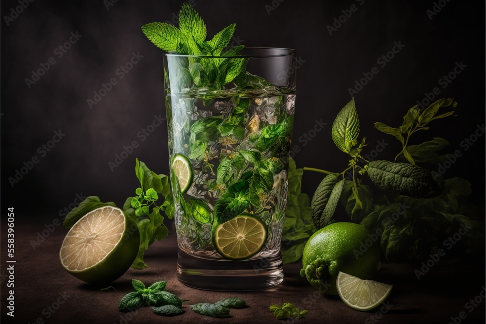 Poster a glass filled with ice and limes next to mints and limes on a table with a black background and a d