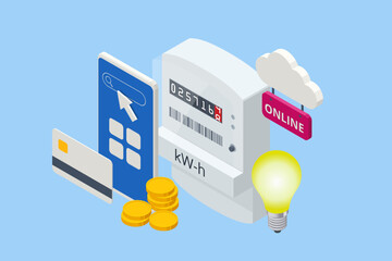 Isometric invoice and electricity meter. Utility bills payment. Electricity consumption expenses. People paying utility, and electricity bills online