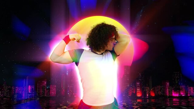 Funny guy kissing his biceps standing on retrowave style background, sports