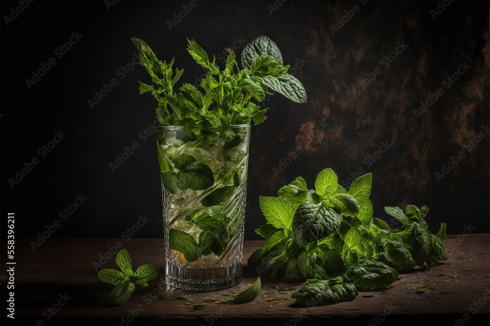 Poster a glass filled with green leaves next to a pile of mints on a wooden table next to a dark background