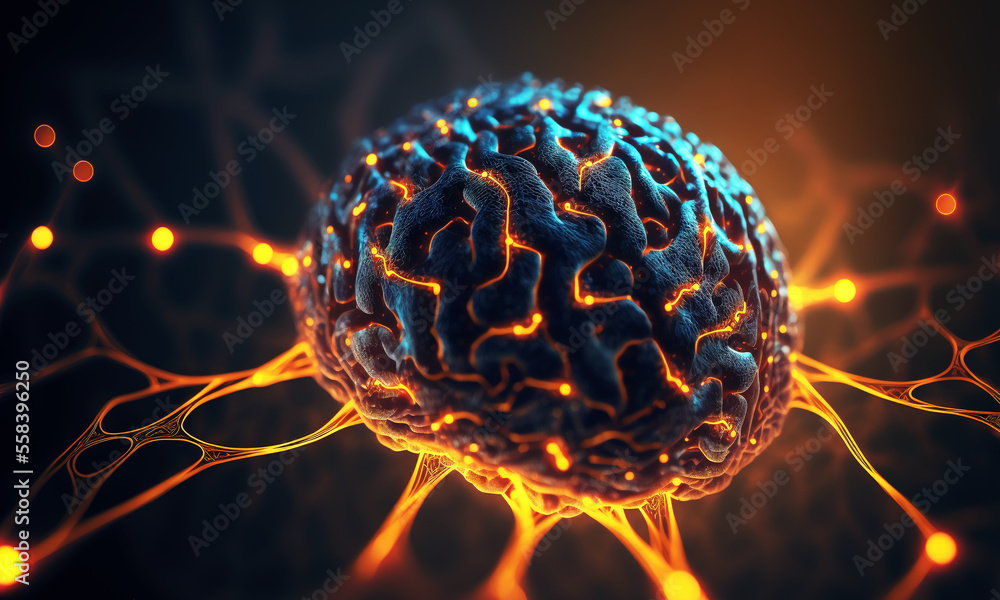 Leinwandbilder Glowing brain background with neural links network. Illustration representing artificial intelligence neuronal activity. Generative AI