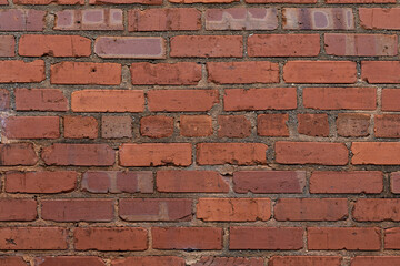 Close view background of old brick wall with irregular bricks,very dirty mortar joints, horizontal aspect