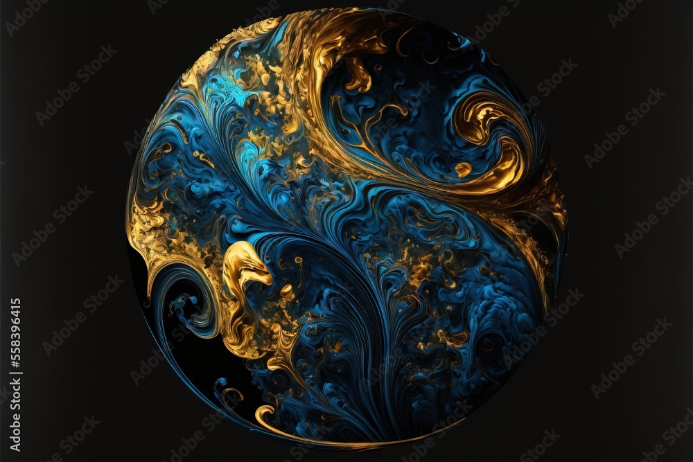 Poster a blue and gold swirly ball on a black background with a black background and a black background wit
