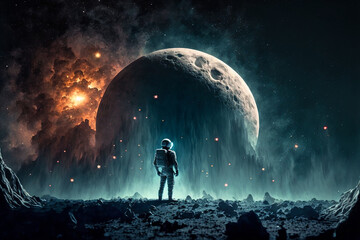 astronaut watching happy new year fireworks on the surface of the moon. Generative AI