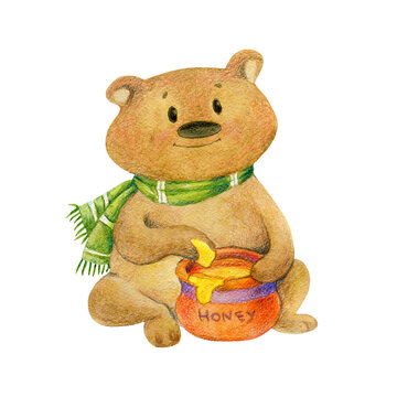 Cute bear cub with green scarf and a barrel of honey in his paws. Watercolor hand drawing