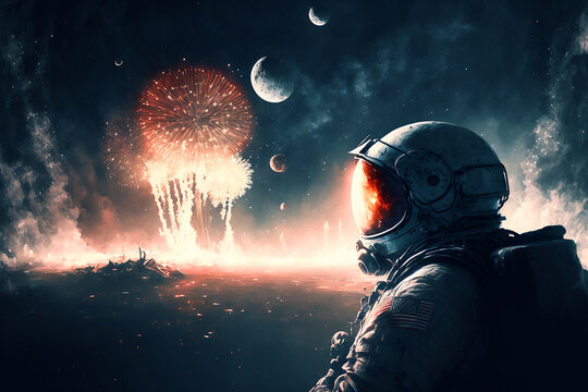 astronaut watching happy new year fireworks on the surface of the moon. Generative AI