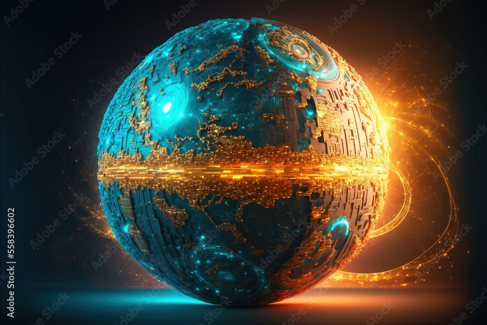 Poster technological background of the hologram planet earth seen from space at night showing the lights, s