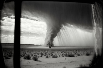 Monochromatic Nightmare: Black and White Tornado Ravages Desert Landscape.