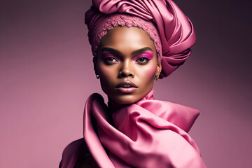 Fashion portrait. Black woman wearing pink high fashion clothing. Generative ai - obrazy, fototapety, plakaty