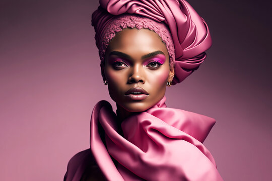 Fashion portrait. Black woman wearing pink high fashion clothing. Generative ai