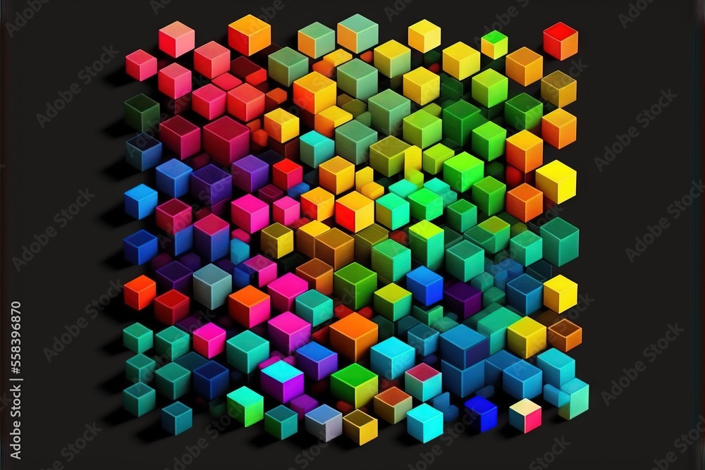 Poster a group of colorful cubes on a black background with a red border around them and a black background