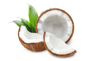 Delicious coconuts with leaves, isolated on white background