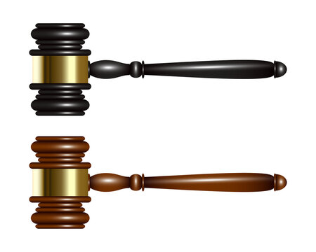 Wood judge or auction gavel set in black and brown colors, with gold decoration. 3D illustration on isolated background.