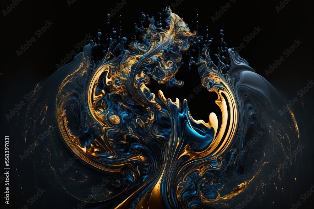 Poster a black background with a gold and blue swirl pattern on it's side and a black background with a gol