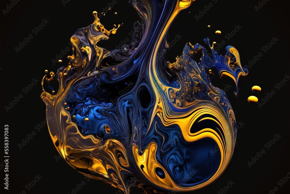 Poster an abstract image of a swan with a black background and yellow and blue swirls on it's body and a bl
