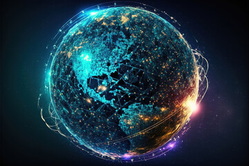 Technological background of the hologram planet Earth seen from space at night showing the lights, digital data stream. 3d rendering (ai generated)