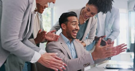 Businessman, team support and thank you with applause for success, celebrate and congratulations with diversity. Solidarity in workplace with respect, promotion bonus and business people community.