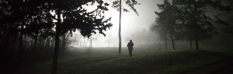 Dark landscape showing the silhouette of a woman walking alone in the park on a night in winter mist