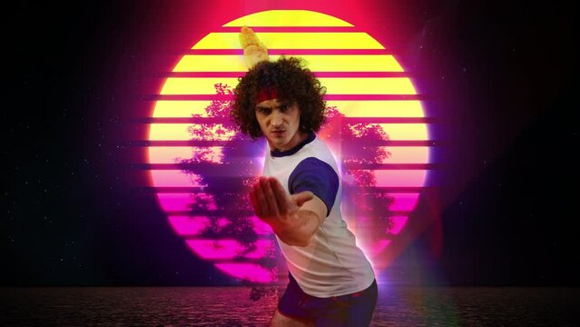 Funny guy doing karate on retro style background, 80s action movie hero