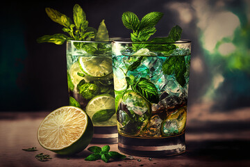 Two homemade lemonade or mojito cocktail with lime, mint and ice cubes in a glass on a dark stone table. Fresh summer drink. With copy space. © overrust