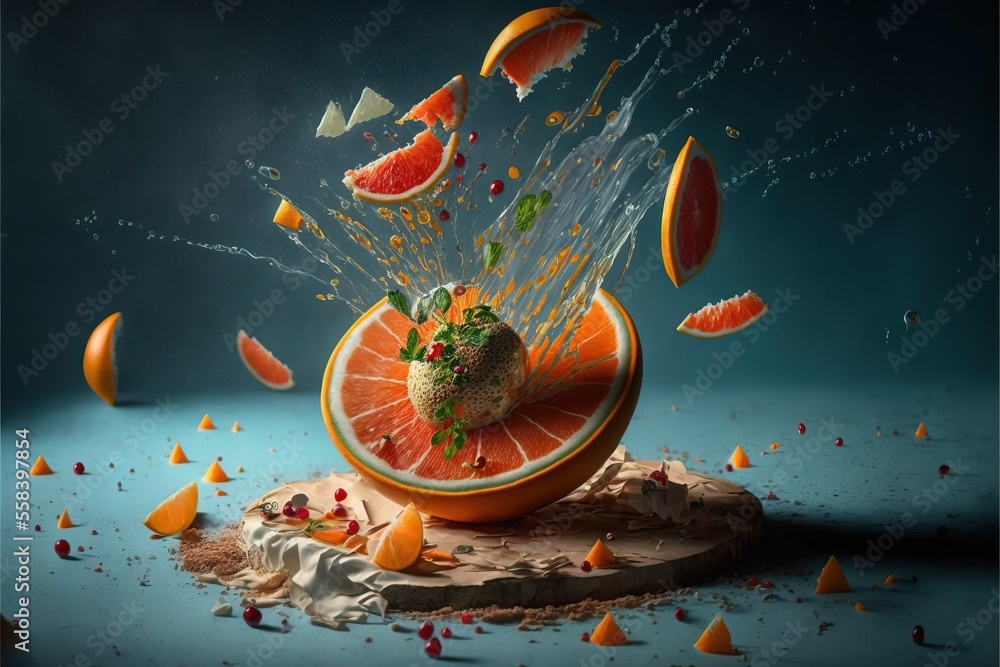 Poster an orange sliced in half with a splash of water on top of it and on top of a piece of fruit on a tab